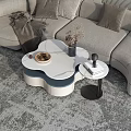 Modern Coffee Table With White Marble Top Unique Shape And Side Table Near Gray Sofa 3d model