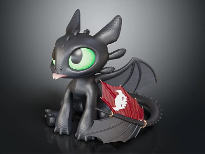 Cute Black Dragon Character With Green Eyes Red Flag And Wings 3d model