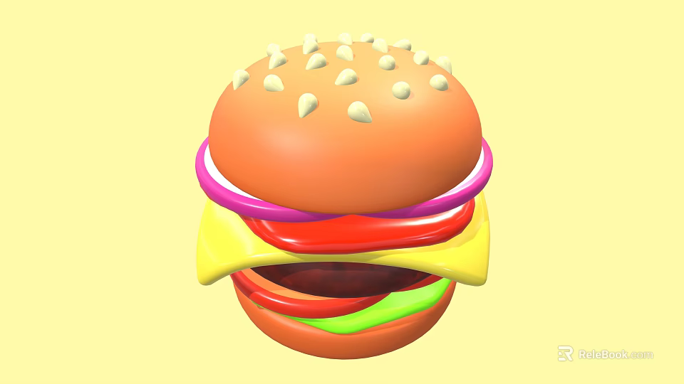 Delicious Hamburger With Sesame Seed Bun Onion Rings Tomato Slices Cheese And Lettuce 3d model 