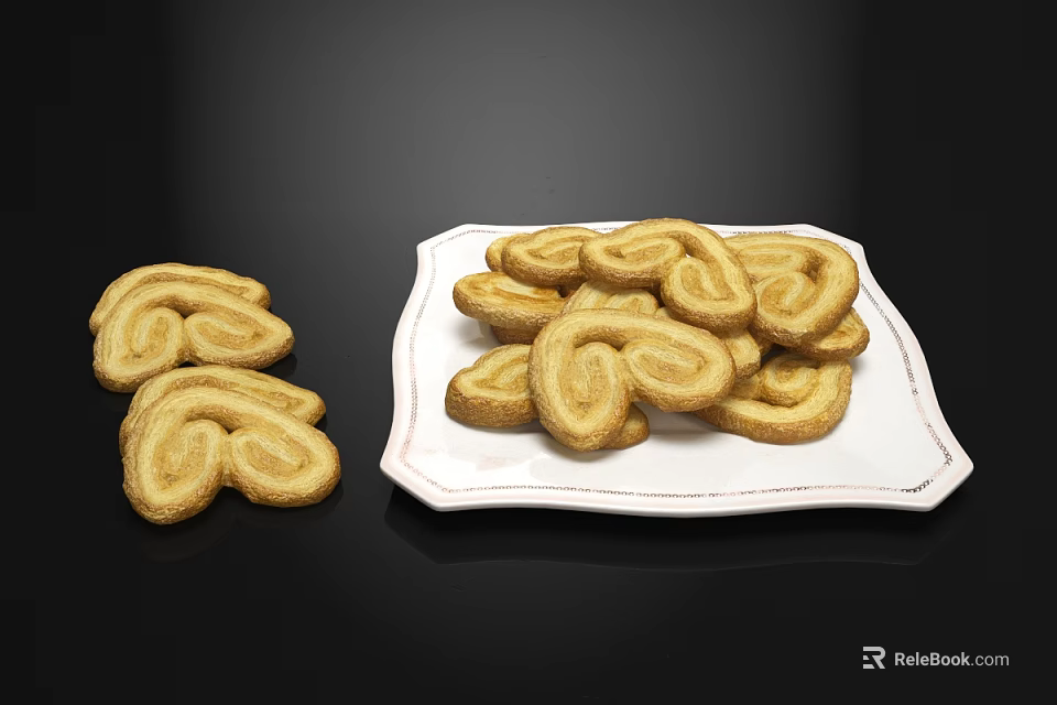 Crispy Butter Cookies Arranged On White Plate With Black Background 3d model 