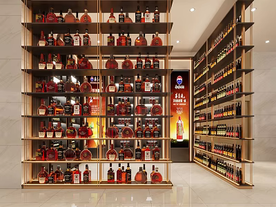 Elegant Wooden Wine Cabinet Display With Multiple Shelves And Various Wine Bottles Storage 3d model