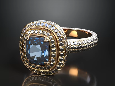 Elegant Gold Ring With Blue Gemstone Center And Diamond Encrusted Filigree Band 3d model