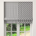 Light Gray Linen Textured Roman Blinds For Window With Wooden Frame And Green Plants View