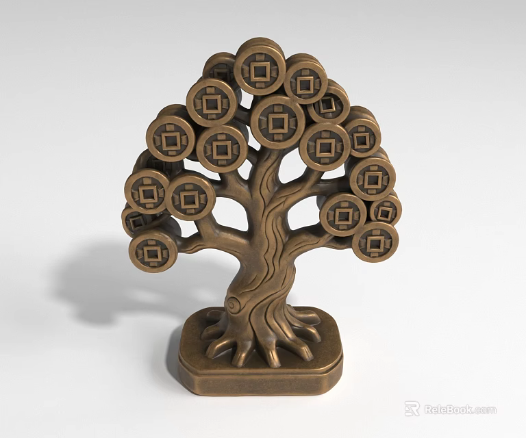 Iron Art Decorative Tree Sculpture With Coin Ornaments And Bronze Base 3d model 