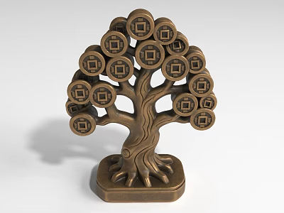 Iron Art Decorative Tree Sculpture With Coin Ornaments And Bronze Base 3d model
