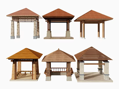 Various Outdoor Pavilion Designs With Wooden Structures Stone Pillars And Colored Rooftops 3d model