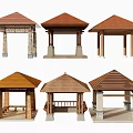 Various Outdoor Pavilion Designs With Wooden Structures Stone Pillars And Colored Rooftops 3d model