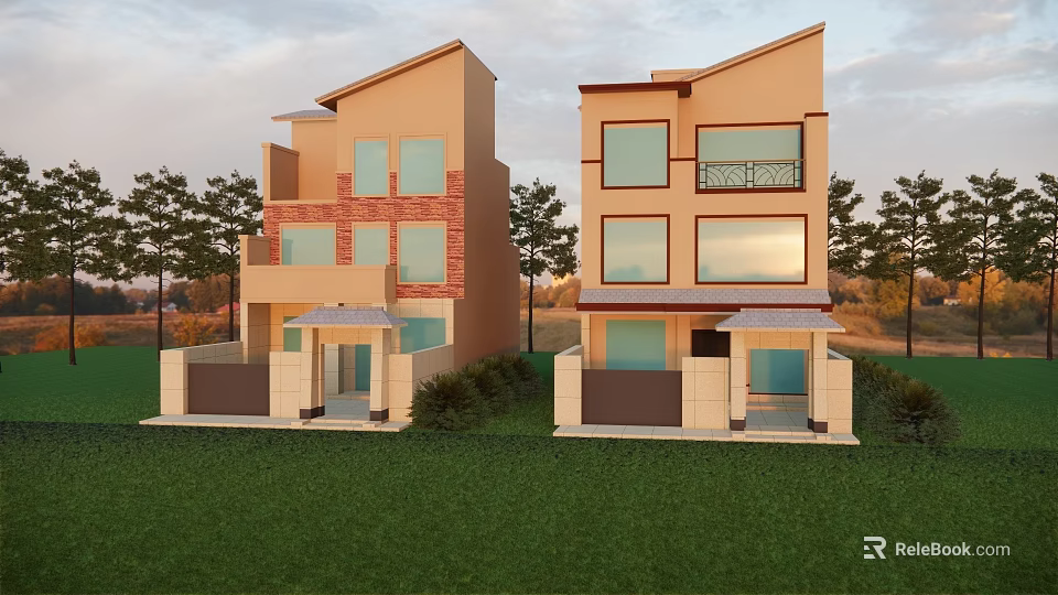 Two Story Detached Villa Exterior Design With Large Windows Lawn And Trees 3d model 