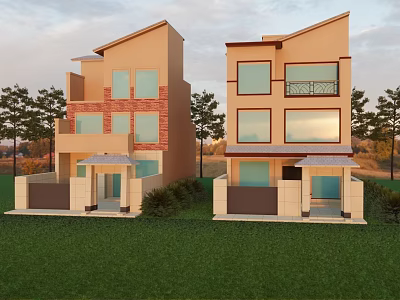 Two Story Detached Villa Exterior Design With Large Windows Lawn And Trees 3d model