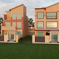 Two Story Detached Villa Exterior Design With Large Windows Lawn And Trees