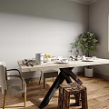 Dining Table Set With Golden Leg Chair Wooden Stool Black Base Tableware And Green Plant