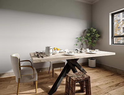 Dining Table Set With Golden Leg Chair Wooden Stool Black Base Tableware And Green Plant 3d model