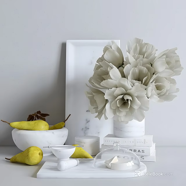 Elegant Decorative Ornament Set With White Flowers Marble Vase Yellow Pears White Bowl And Books 3d model 