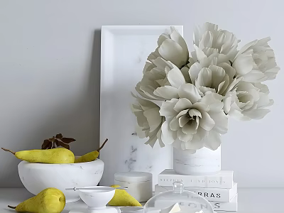 Elegant Decorative Ornament Set With White Flowers Marble Vase Yellow Pears White Bowl And Books 3d model