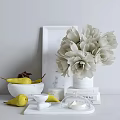 Elegant Decorative Ornament Set With White Flowers Marble Vase Yellow Pears White Bowl And Books