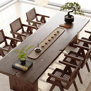 New Chinese Style Tea Table and Chair Tea Set Wood Floor Venetian Blinds 3d model