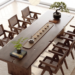 New Chinese Style Tea Table and Chair Tea Set Wood Floor Venetian Blinds 3d model