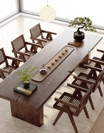 New Chinese Style Tea Table and Chair Tea Set Wood Floor Venetian Blinds 3d model