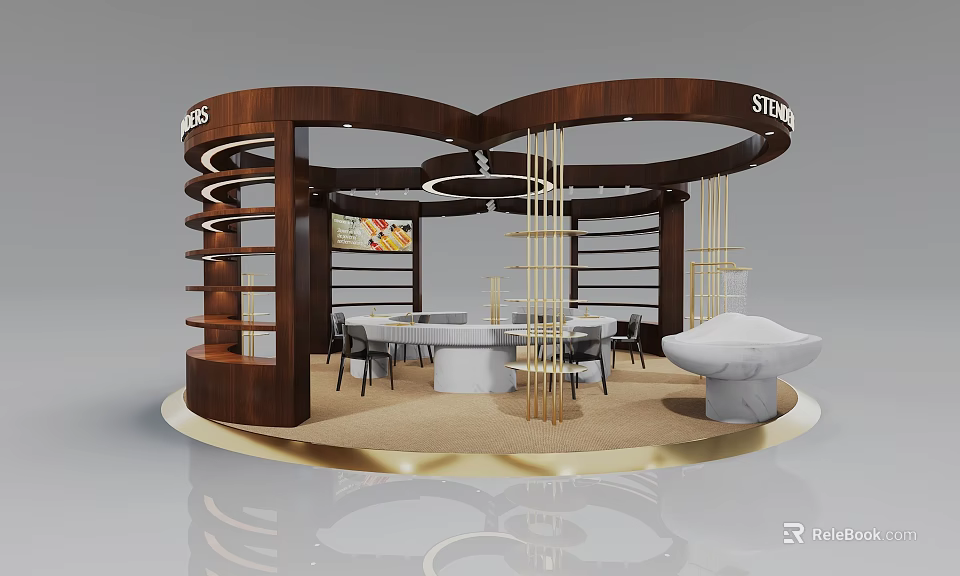 Modern Circular Exhibition Booth With Wooden Structure SIDORS Signage Central Table And Marble Elements 3d model 