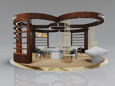 Modern Circular Exhibition Booth With Wooden Structure SIDORS Signage Central Table And Marble Elements 3d model