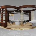 Modern Circular Exhibition Booth With Wooden Structure SIDORS Signage Central Table And Marble Elements