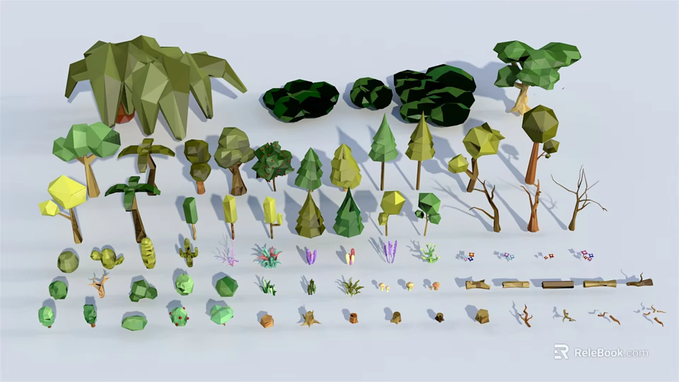 Cartoon Scene Design With Various Low Poly Trees Bushes And Plants Elements 3d model 