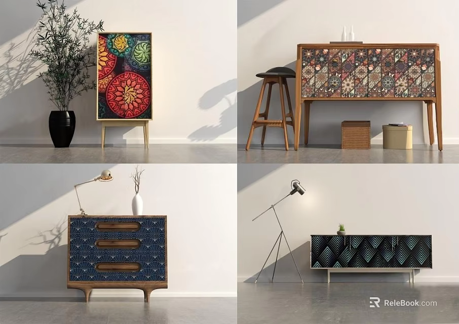 Modern Stylish Entryway Cabinet And Sideboard With Decorative Panels Wooden Drawers And Vase 3d model 