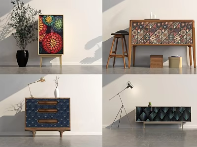 Modern Stylish Entryway Cabinet And Sideboard With Decorative Panels Wooden Drawers And Vase 3d model