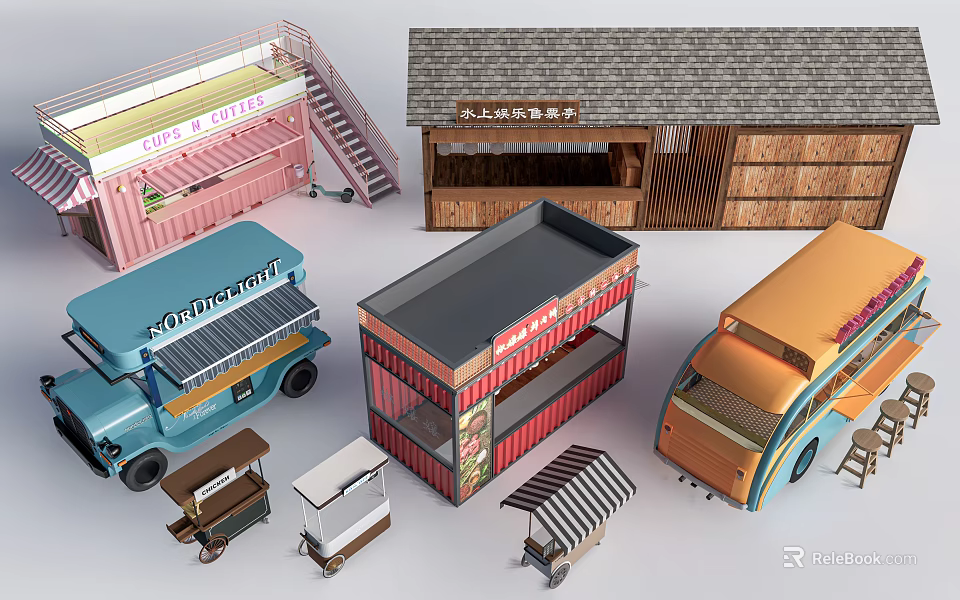 Various Colorful Mobile Food Trucks And Retail Booths With Different Styles 3d model 