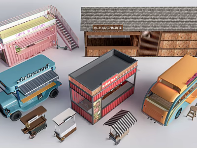 Various Colorful Mobile Food Trucks And Retail Booths With Different Styles 3d model