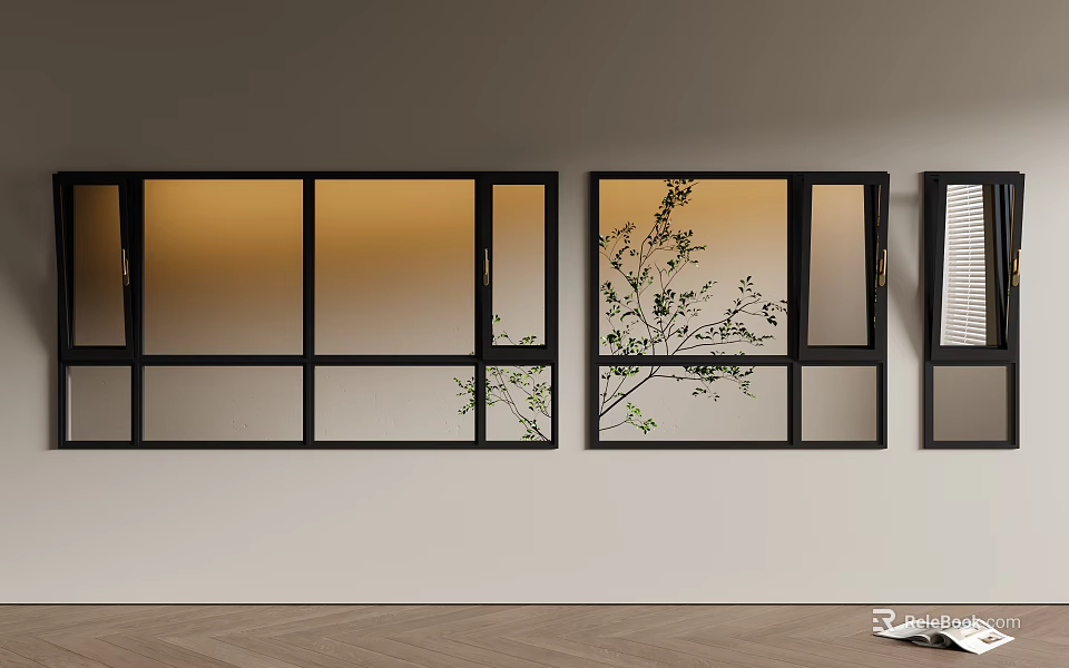 Elegant Casement Windows with Black Frames Green Branches Light Colored Walls and Wooden Floor 3d model 
