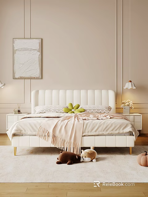 White Upholstered Double Bed With Pink Blanket Green Fruits Bedside Tables And Wall Painting 3d model 