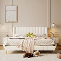 White Upholstered Double Bed With Pink Blanket Green Fruits Bedside Tables And Wall Painting