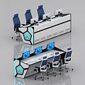 Modern Office Desk With Multiple Screens Blue Chairs And Geometric Design