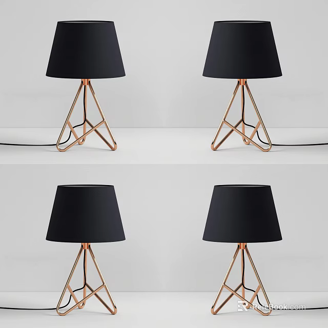 Modern Table Lamps With Black Fabric Shades And Geometric Copper Bases 3d model 