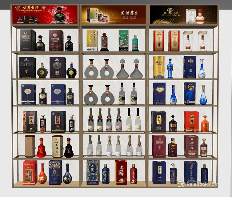 Various Wine Bottles and Glasses Neatly Arranged on Multi Layer Shelves 3d model