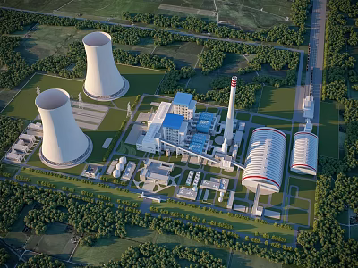 Modern Industrial Plant With Cooling Towers Chimney Buildings And Surrounding Greenery 3d model