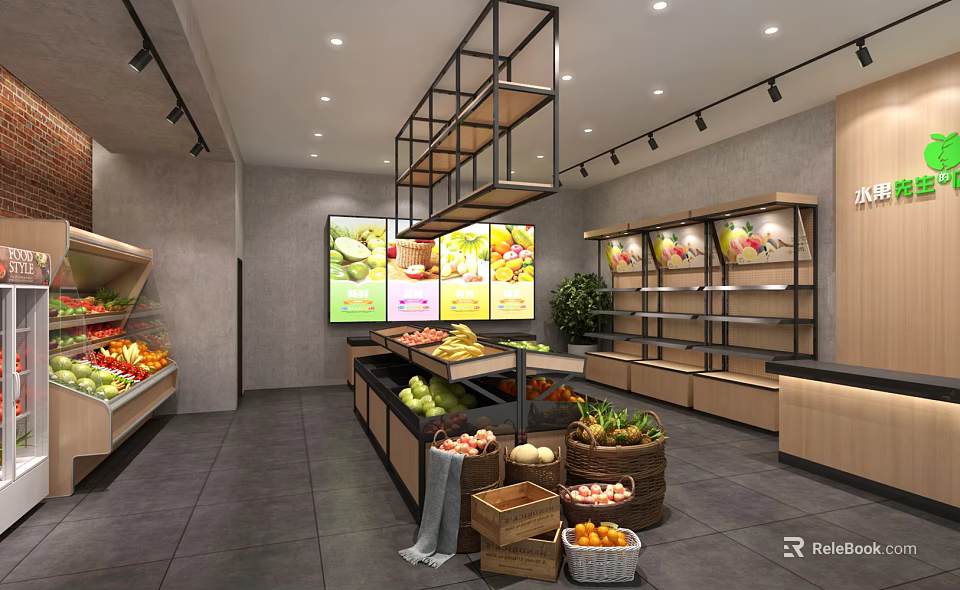 Modern Fruit Store Interior With Various Fresh Fruits And Display Shelves 3d model 