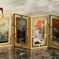 Decorative Screen With Golden Frame And Four Patterned Panels In Various Colors 3d model