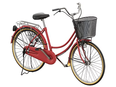 Red Bicycle With Black Seat Front Basket Rear Rack And Yellow Rims 3d model