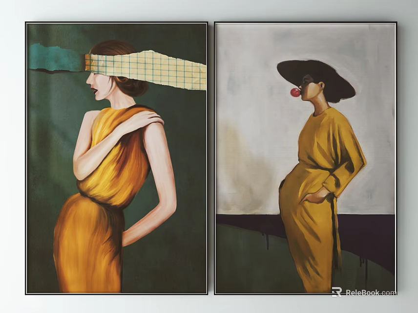 Two Portrait Paintings Featuring Figures in Yellow Outfits Plaid Blindfold Wide Brimmed Hat Red Nose 3d model 