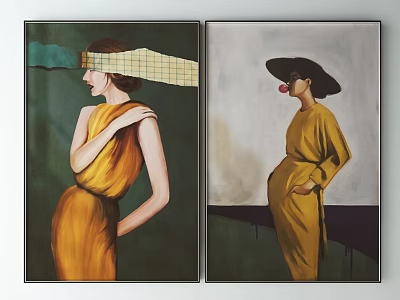 Two Portrait Paintings Featuring Figures in Yellow Outfits Plaid Blindfold Wide Brimmed Hat Red Nose 3d model