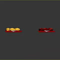Colorful Animal Shaped Candies on White Plates with Red Decorative Edges and Dark Background