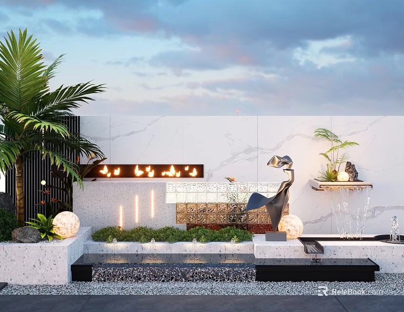 Modern Feature Wall Garden Design With Palm Tree Water Feature Lighting And Sculpture 3d model 