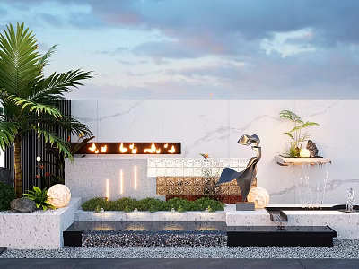 Modern Feature Wall Garden Design With Palm Tree Water Feature Lighting And Sculpture 3d model