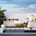 Modern Feature Wall Garden Design With Palm Tree Water Feature Lighting And Sculpture