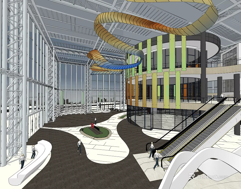 Modern Sales Office Interior With Spiral Decoration Large Glass Windows Open Space And Staircase 3d model 