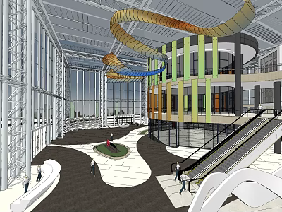 Modern Sales Office Interior With Spiral Decoration Large Glass Windows Open Space And Staircase 3d model