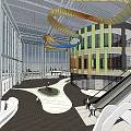 Modern Sales Office Interior With Spiral Decoration Large Glass Windows Open Space And Staircase