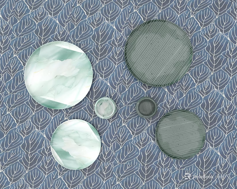 Creative Plate Decoration With Light Green And Dark Green Plates On Blue Leaf Pattern Background 3d model 